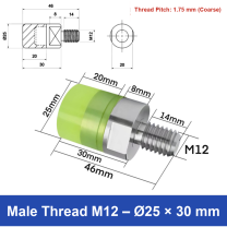 Male Thread M12 – Ø25 × 30 mm, 304 stainless steel polyurethane-coated buffer component