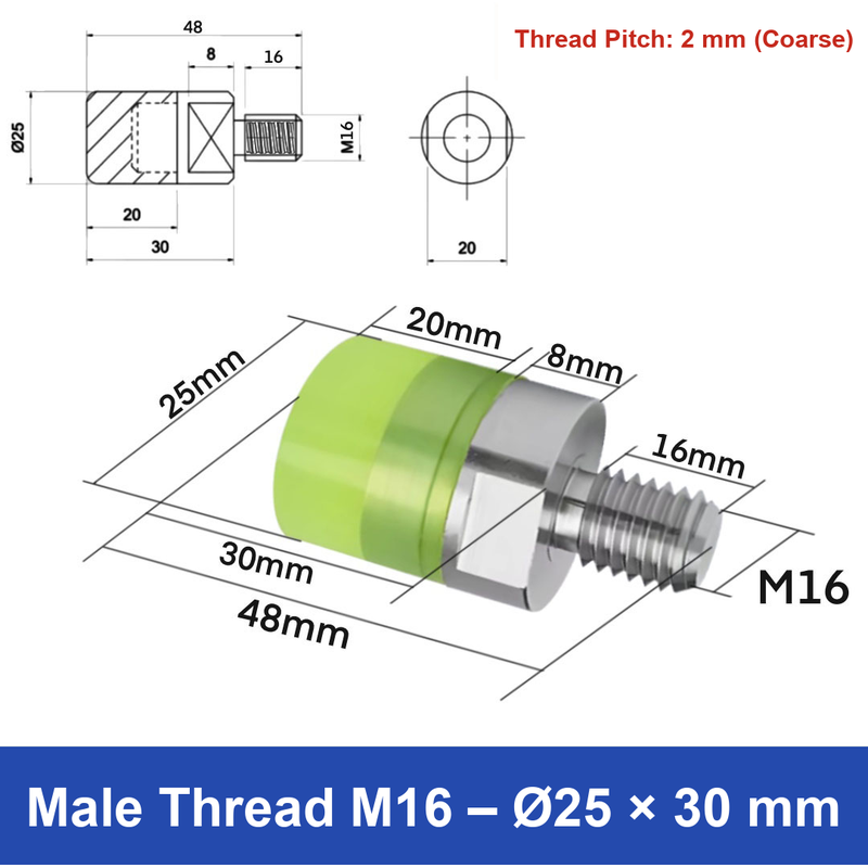 Male Thread M16 – Ø25 × 30 mm, 304 stainless steel polyurethane-coated buffer component