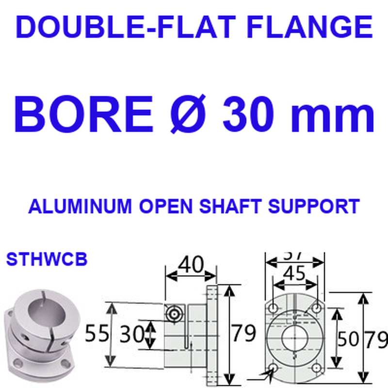 STHWCB double-flat flange aluminum open shaft support, 30 mm bore