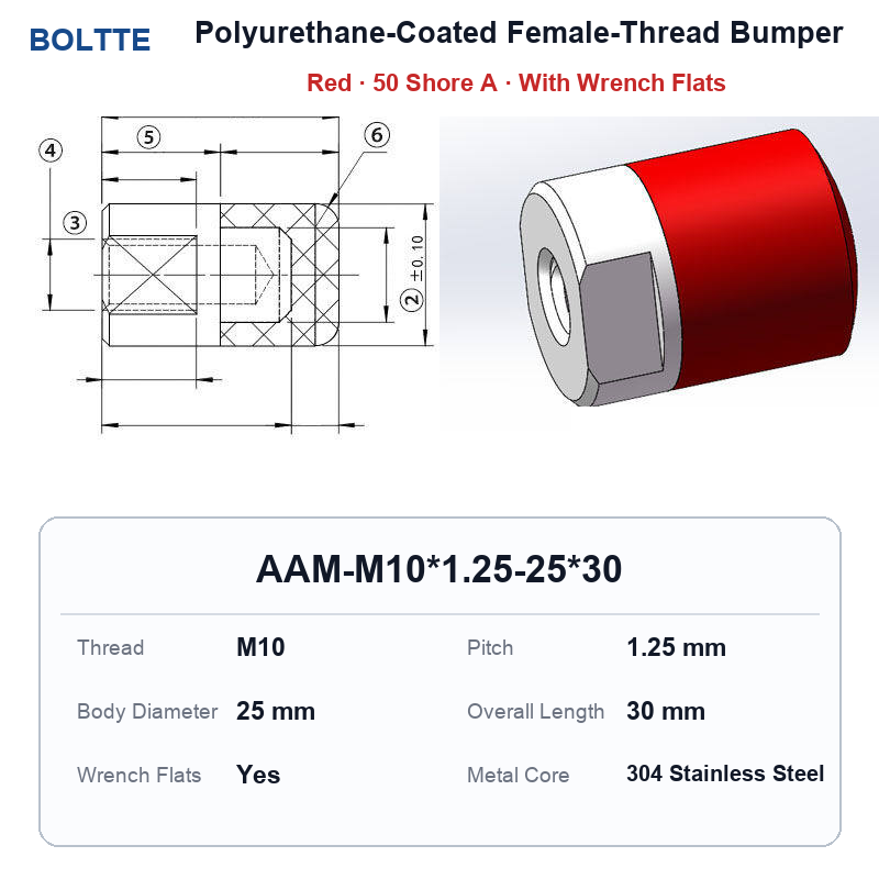 Red 50 Shore A - M10*1.25-25*30 polyurethane-coated female-thread bumper