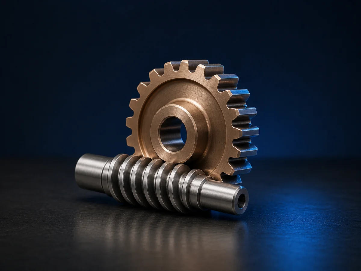 Illustrative render of a bronze-colored worm wheel and steel worm shaft for quotation