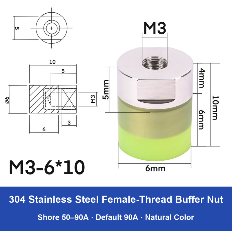 Female Thread M3 – Ø6 × 10 mm, 304 stainless steel polyurethane-coated buffer component