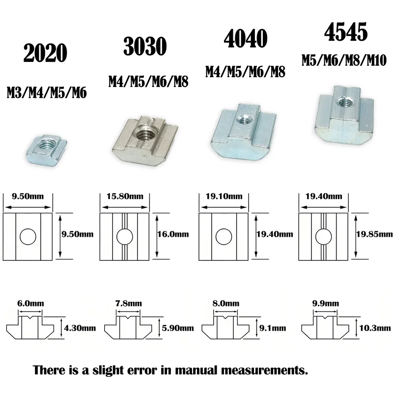 100P/lot T Block Square Nut M3 M4 M5 M6 M8 Slot T-nut Sliding Nuts for 2020 3030 4040 4545 Profile Aluminum Furniture 3d printer
