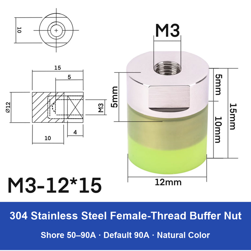 Female Thread M3 – Ø12 × 15 mm, 304 stainless steel polyurethane-coated buffer component