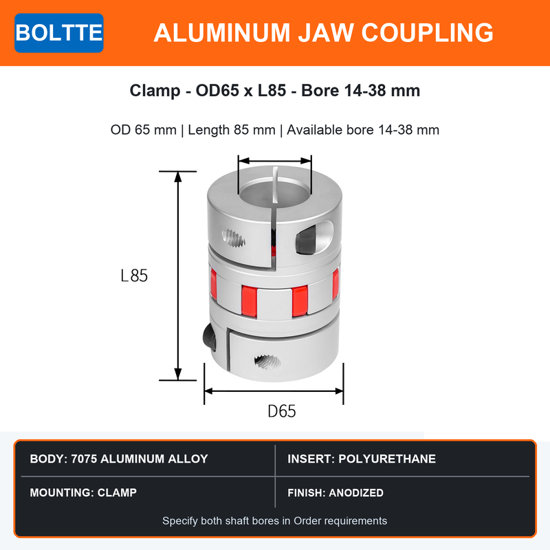BOLTTE aluminum jaw coupling OD 65 mm length 85 mm bore 14 to 38 mm
