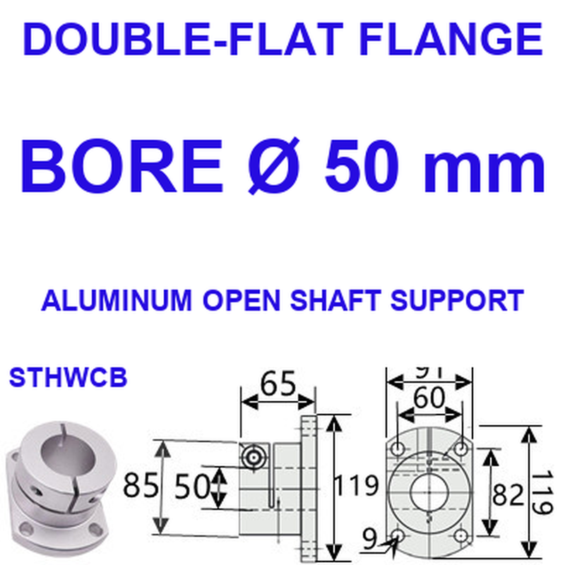 STHWCB double-flat flange aluminum open shaft support, 50 mm bore