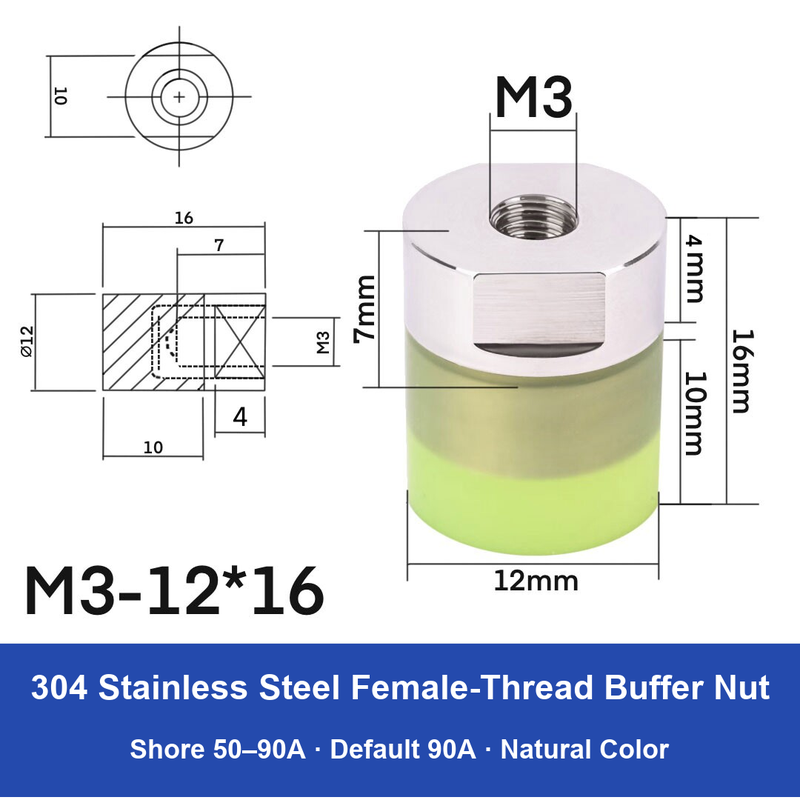 Female Thread M3 – Ø12 × 16 mm, 304 stainless steel polyurethane-coated buffer component