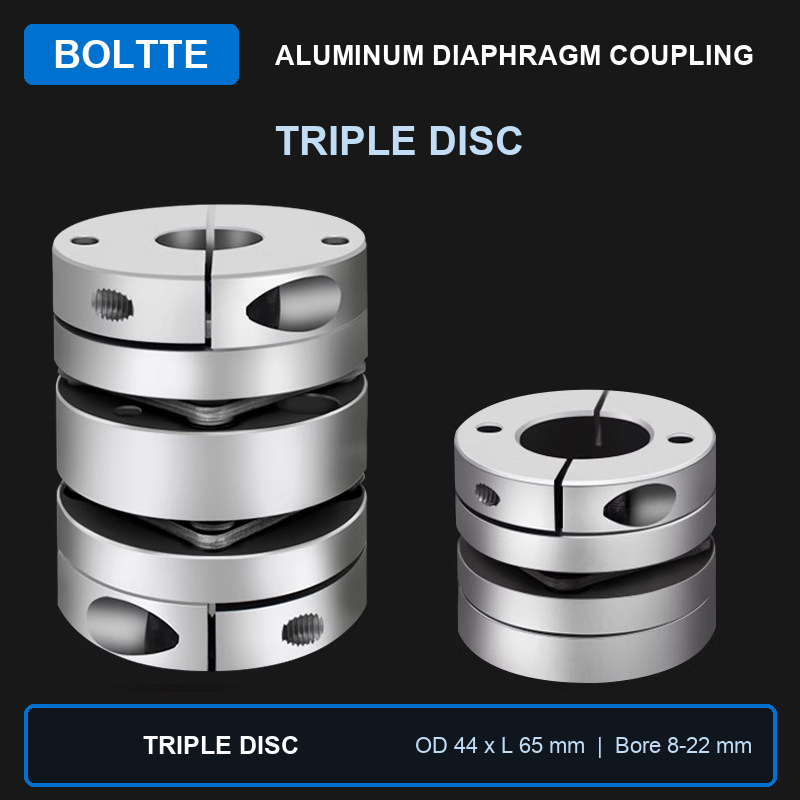 BOLTTE aluminum triple disc diaphragm coupling, OD 44 x L 65 mm, bore 8-22 mm