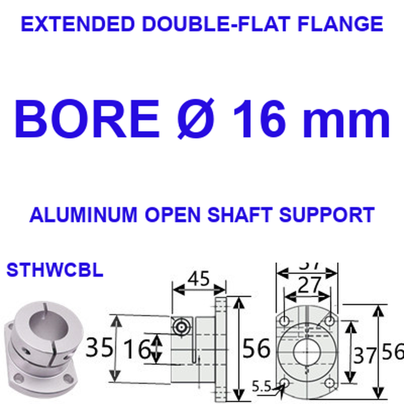 STHWCBL extended double-flat flange aluminum open shaft support, 16 mm bore
