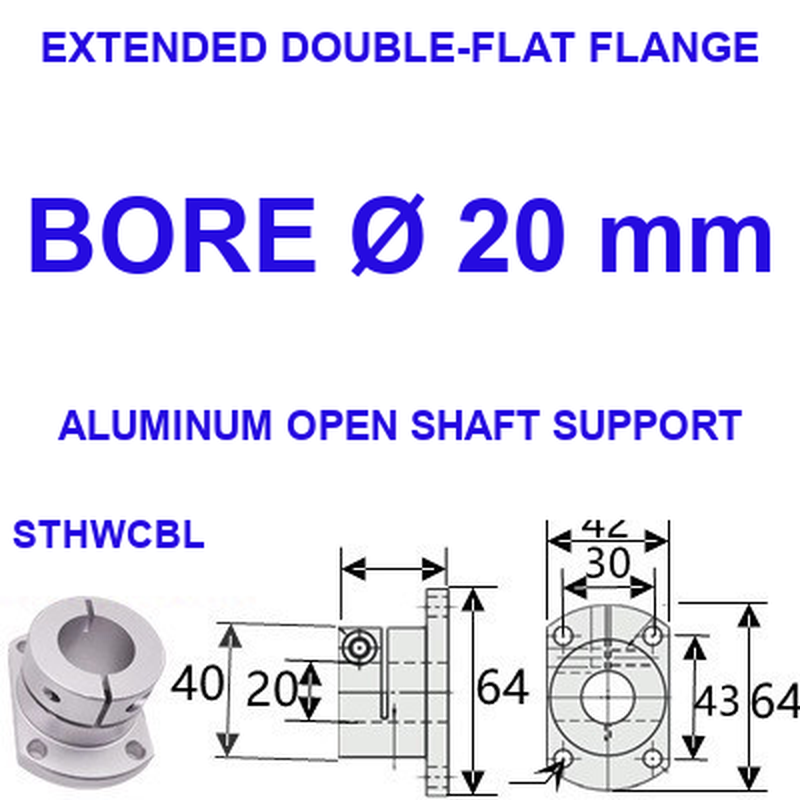 STHWCBL extended double-flat flange aluminum open shaft support, 20 mm bore