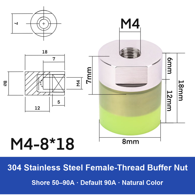 Female Thread M4 – Ø8 × 18 mm, 304 stainless steel polyurethane-coated buffer component