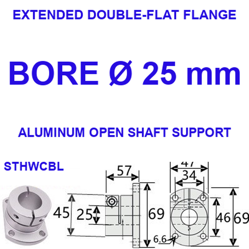 STHWCBL extended double-flat flange aluminum open shaft support, 25 mm bore