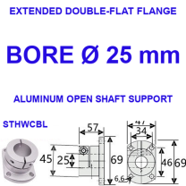 STHWCBL extended double-flat flange aluminum open shaft support, 25 mm bore