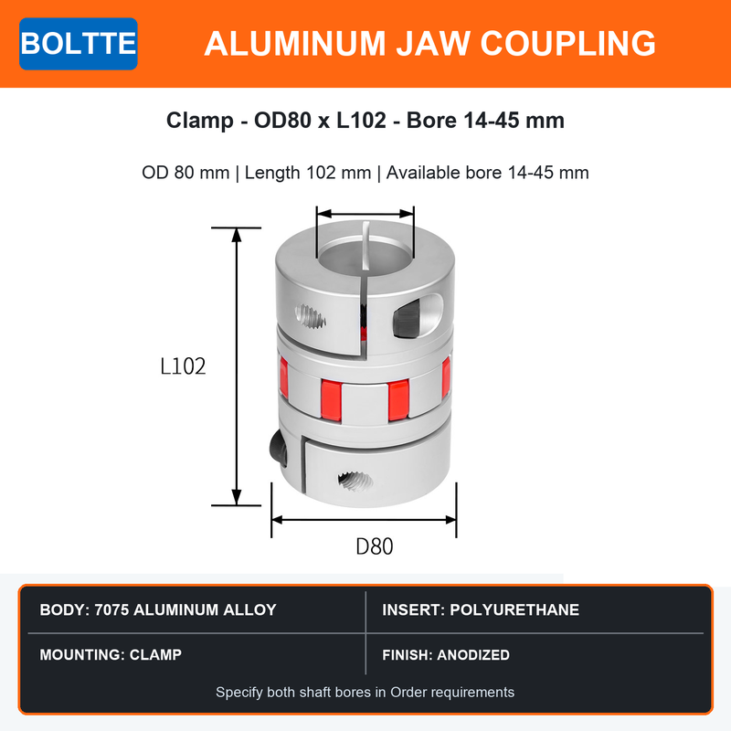 BOLTTE aluminum jaw coupling OD 80 mm length 102 mm bore 14 to 45 mm
