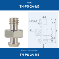 TN-PS-2A-M3 threaded vacuum cup mount fitting with product view and dimensional drawing