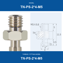 TN-PS-2*4-M5 threaded vacuum cup mount fitting with product view and dimensional drawing