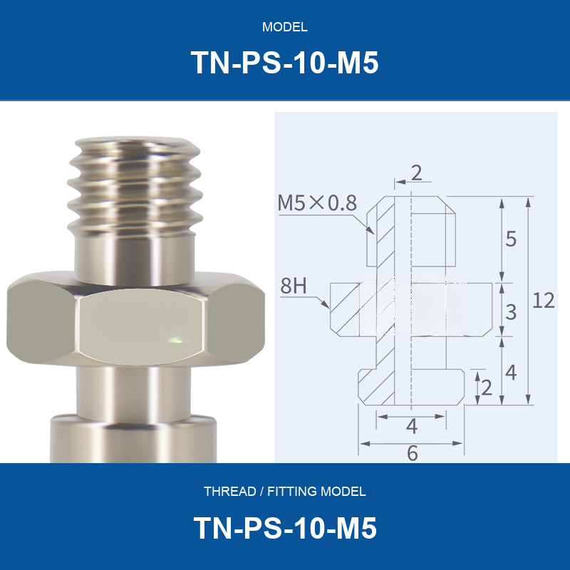 TN-PS-10-M5 threaded vacuum cup mount fitting with product view and dimensional drawing