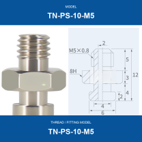 TN-PS-10-M5 threaded vacuum cup mount fitting with product view and dimensional drawing