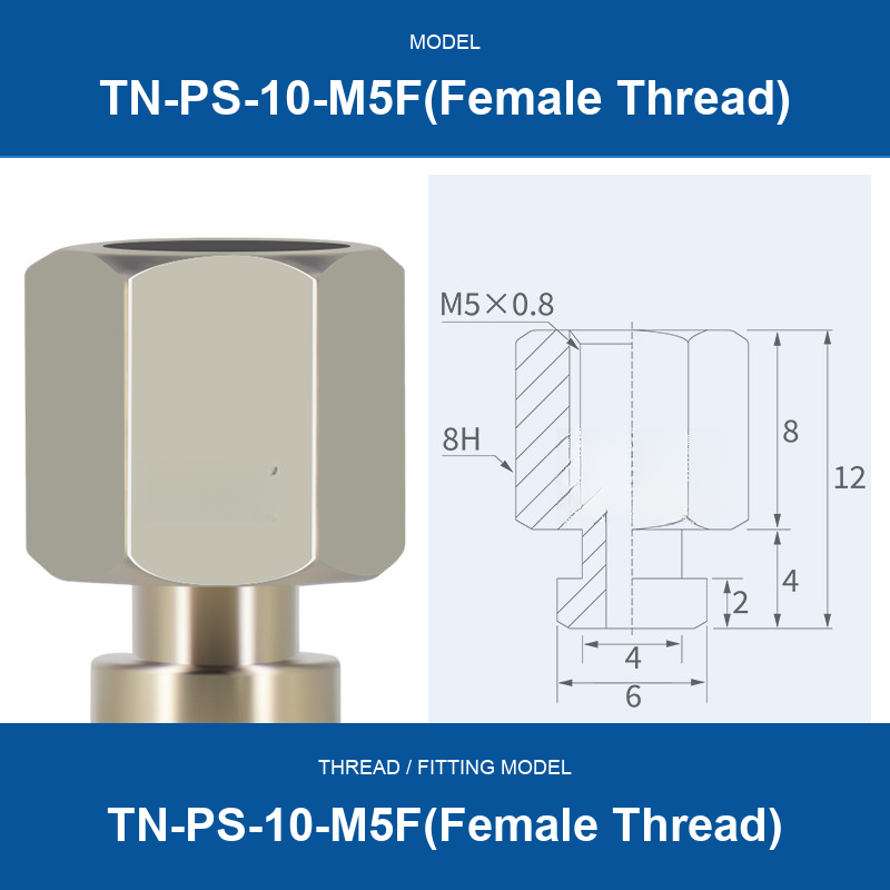 TN-PS-10-M5F(Female Thread) threaded vacuum cup mount fitting with product view and dimensional drawing