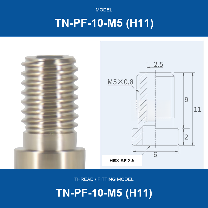 TN-PF-10-M5 (H11) threaded vacuum cup mount fitting with product view and dimensional drawing