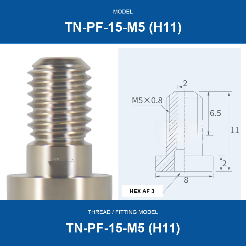 TN-PF-15-M5 (H11) threaded vacuum cup mount fitting with product view and dimensional drawing