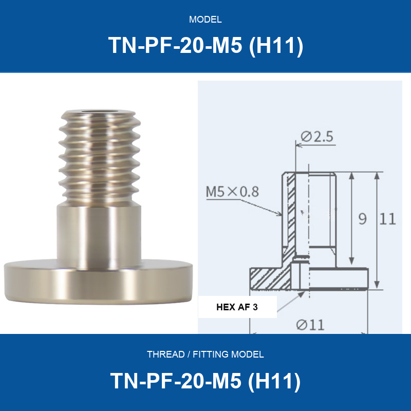 TN-PF-20-M5 (H11) threaded vacuum cup mount fitting with product view and dimensional drawing