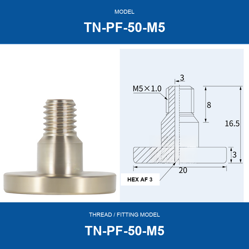 TN-PF-50-M5 threaded vacuum cup mount fitting with product view and dimensional drawing