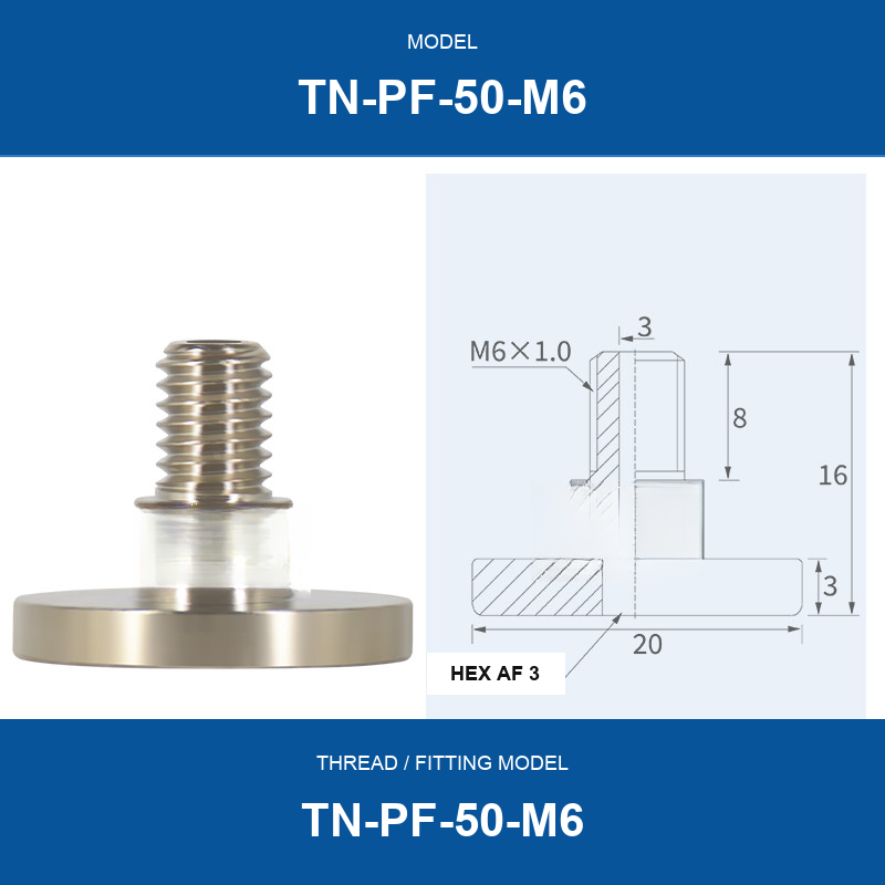 TN-PF-50-M6 threaded vacuum cup mount fitting with product view and dimensional drawing