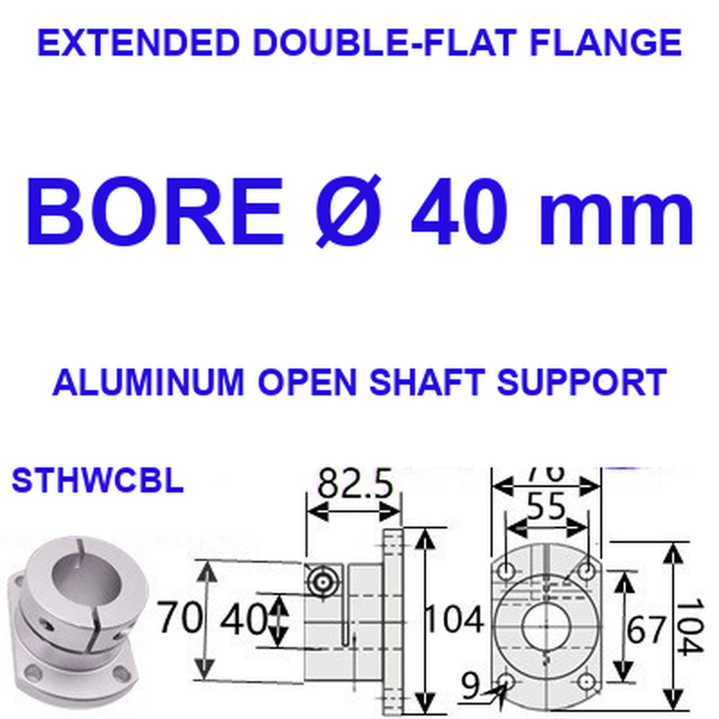 STHWCBL extended double-flat flange aluminum open shaft support, 40 mm bore