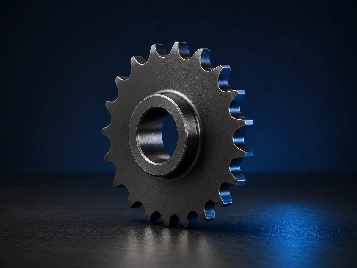 Illustrative render of a generic blackened steel roller-chain sprocket for quotation