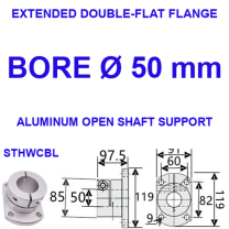 STHWCBL extended double-flat flange aluminum open shaft support, 50 mm bore