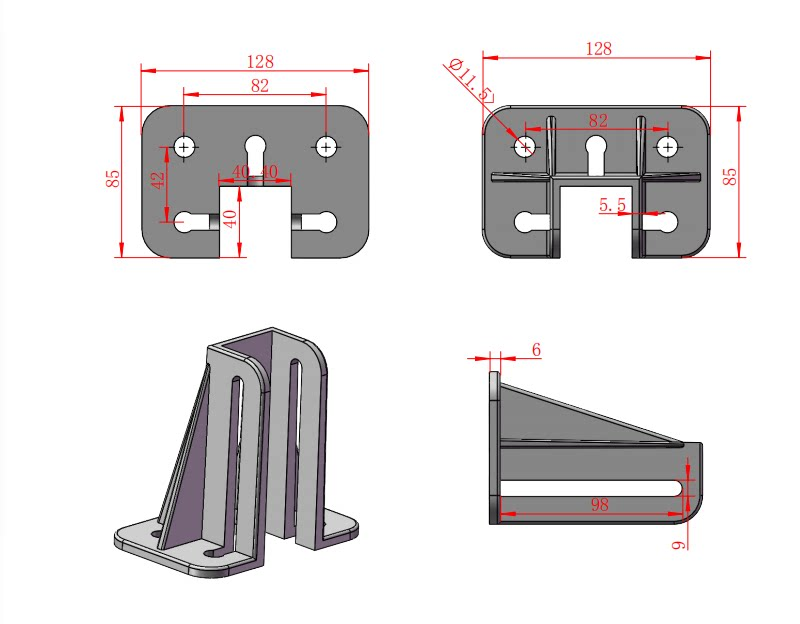 4040 die-cast aluminum base drawing, dimensions in mm