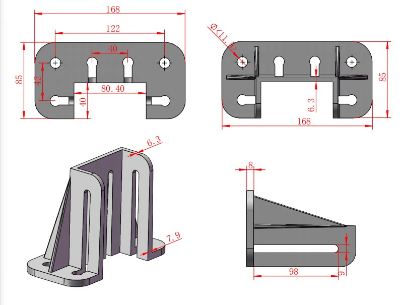 4080 die-cast aluminum base drawing, dimensions in mm