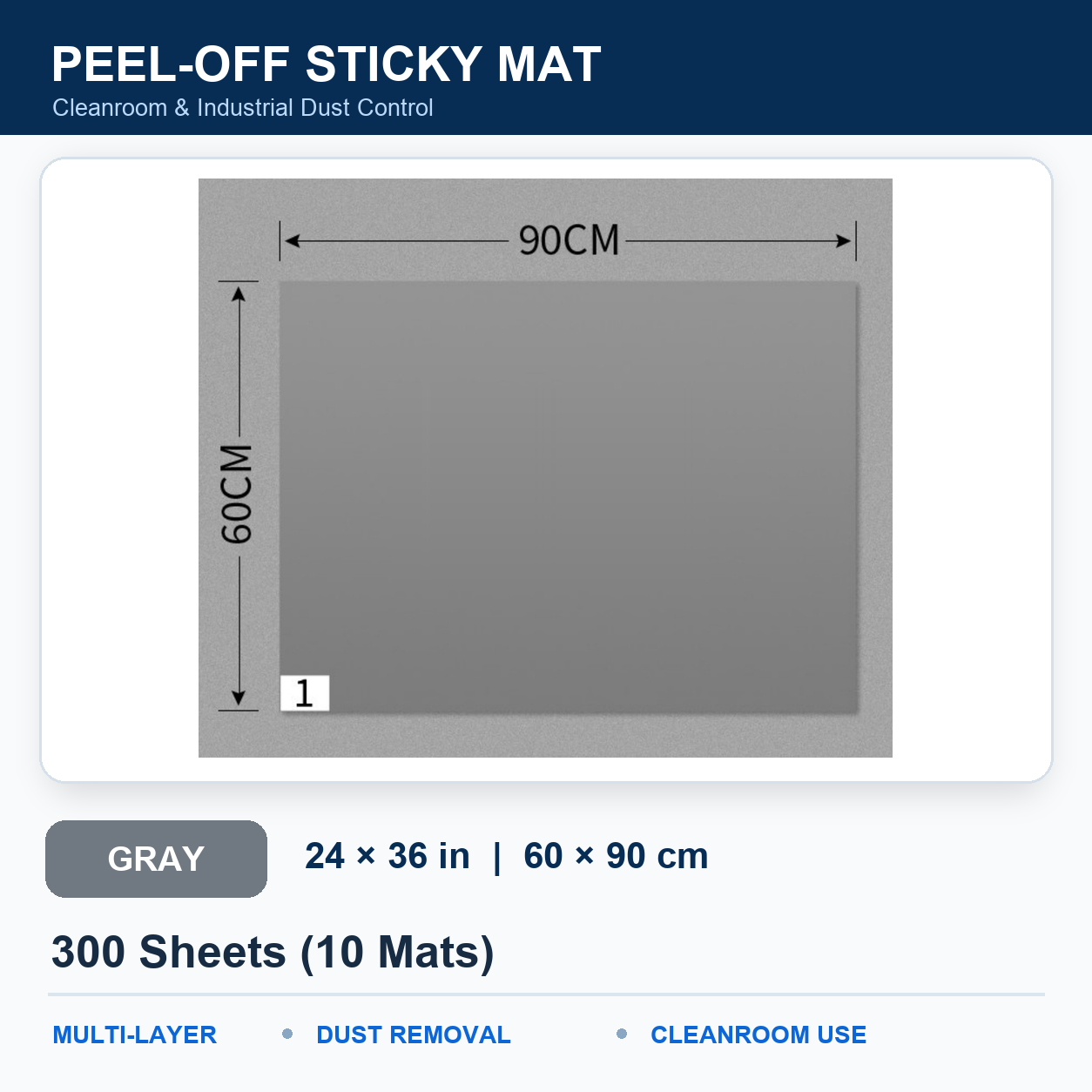 BOLTTE gray peel-off sticky mat Gray – 24 × 36 in (60 × 90 cm) – 300 Sheets (10 Mats)