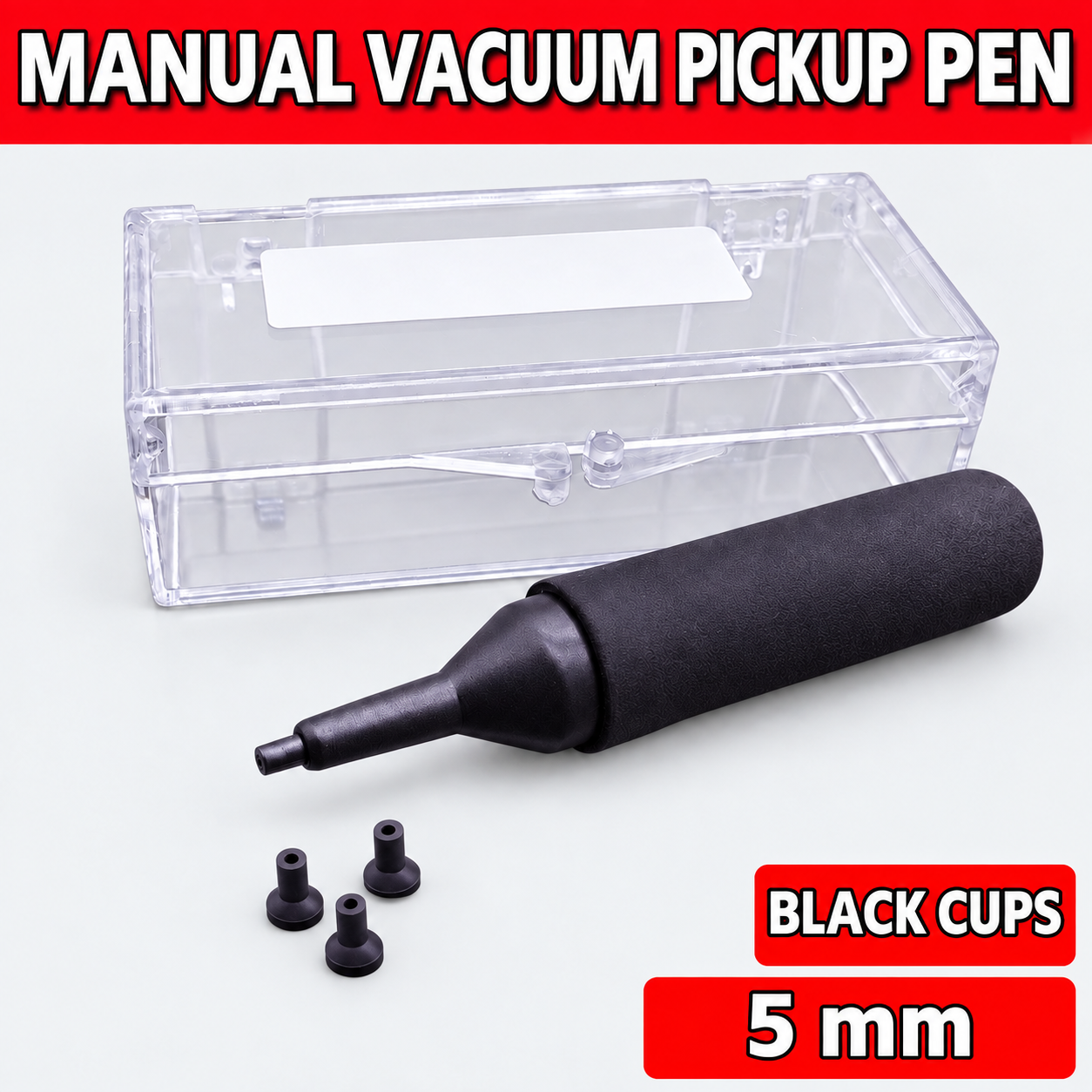 Unbranded manual vacuum pickup pen kit on light gray - Black cups - 5 mm