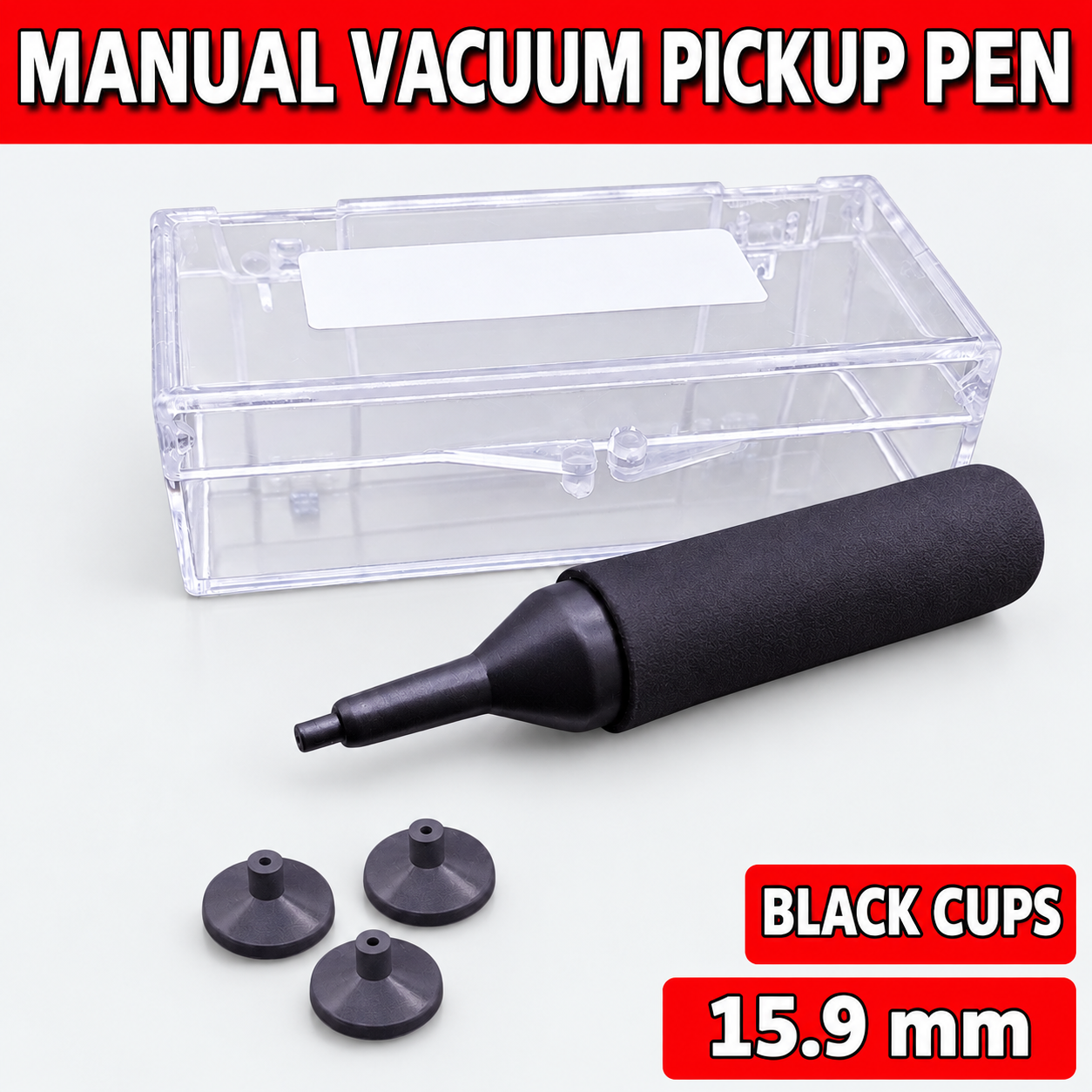 Unbranded manual vacuum pickup pen kit on light gray - Black cups - 15.9 mm