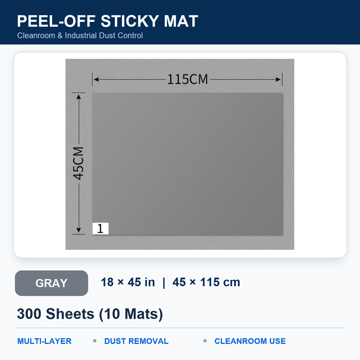 BOLTTE gray peel-off sticky mat Gray – 18 × 45 in (45 × 115 cm) – 300 Sheets (10 Mats)