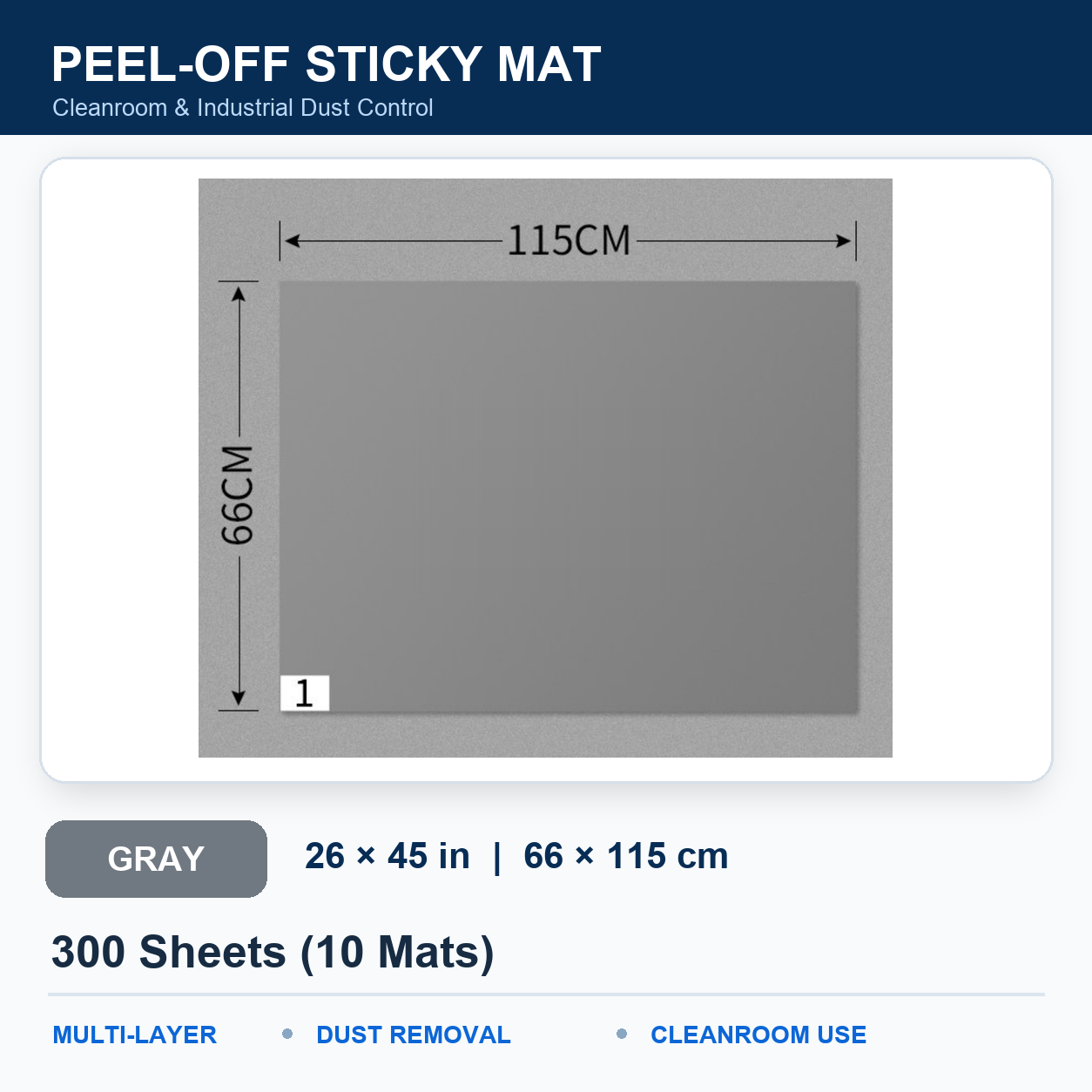 BOLTTE gray peel-off sticky mat Gray – 26 × 45 in (66 × 115 cm) – 300 Sheets (10 Mats)