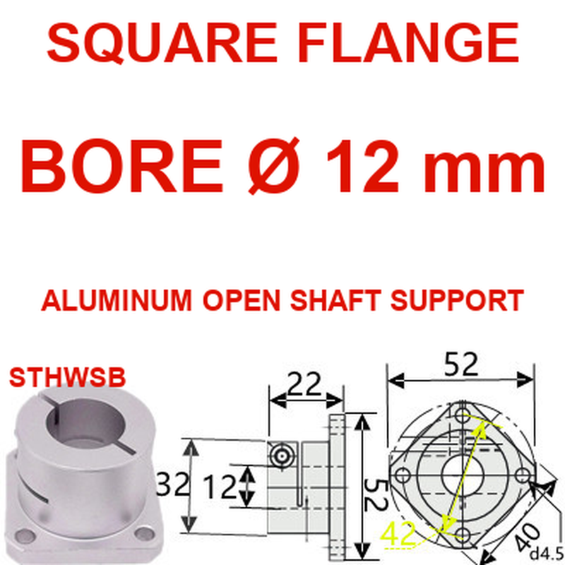 STHWSB square flange aluminum open shaft support, 12 mm bore