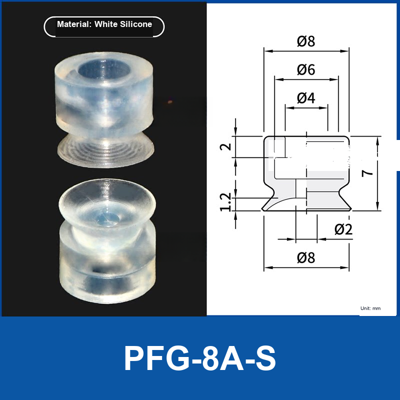 PFG-8A-S White Silicone flat vacuum suction cup with technical dimensions