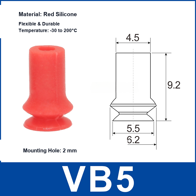 VB5 Red Silicone vacuum suction cup and technical dimensions