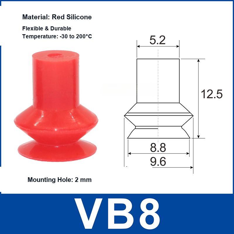 VB8 Red Silicone vacuum suction cup and technical dimensions