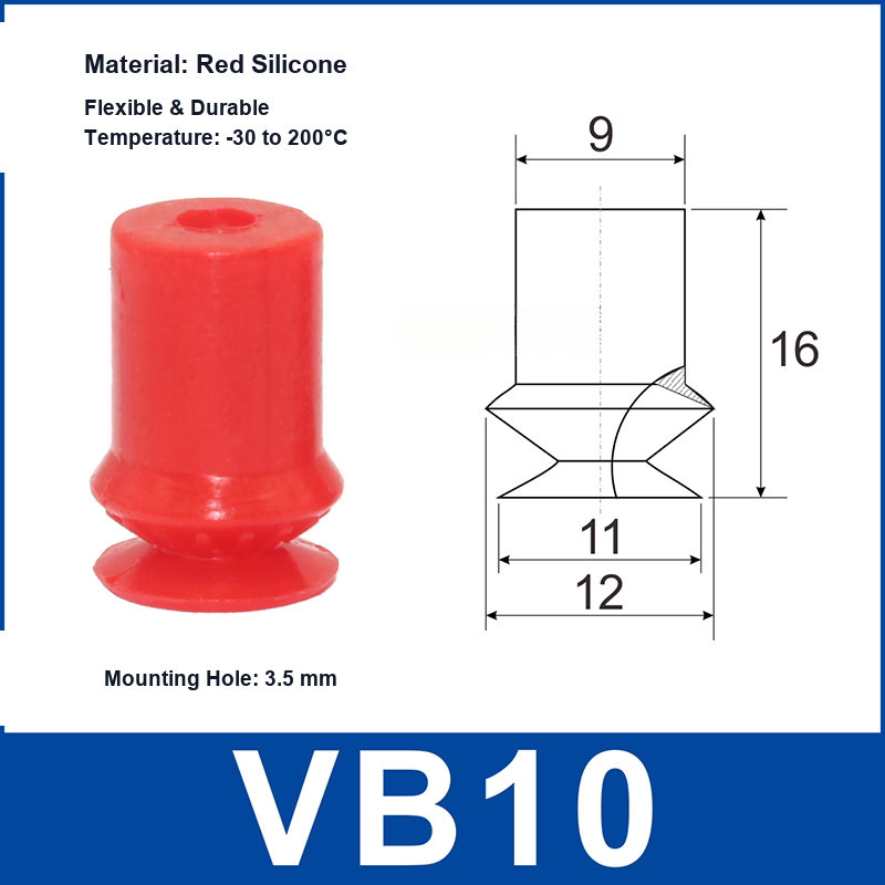 VB10 Red Silicone vacuum suction cup and technical dimensions