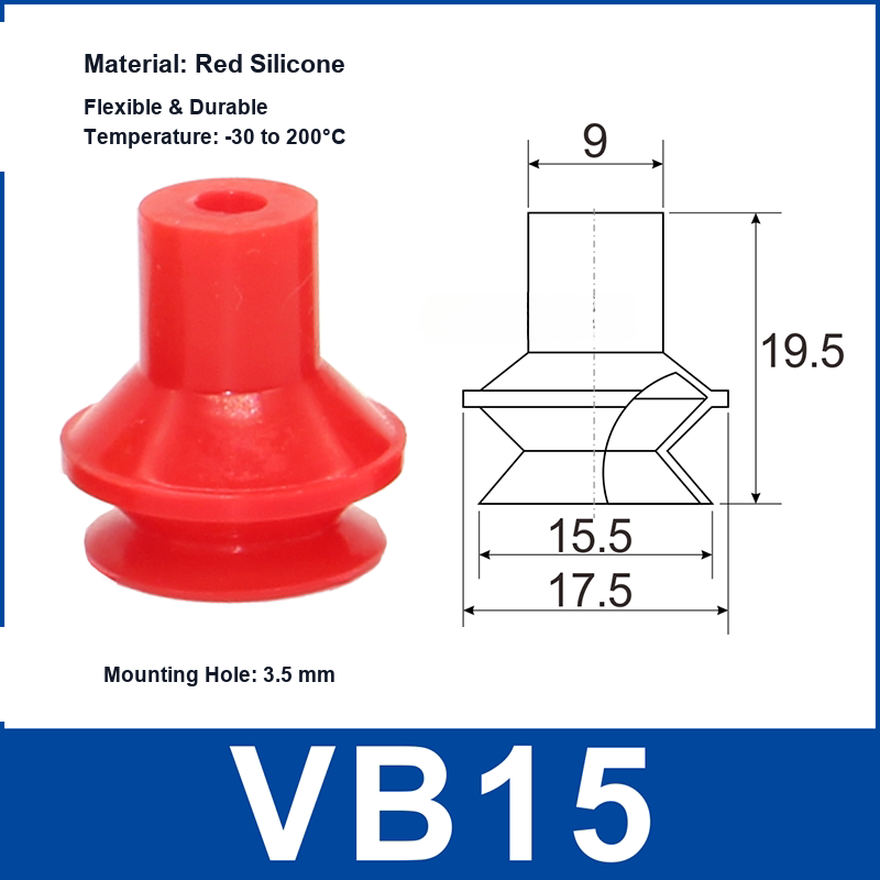 VB15 Red Silicone vacuum suction cup and technical dimensions