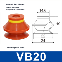VB20 Red Silicone vacuum suction cup and technical dimensions