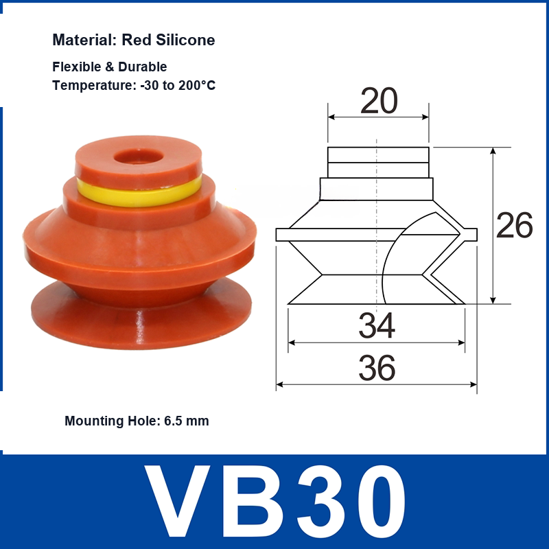VB30 Red Silicone vacuum suction cup and technical dimensions