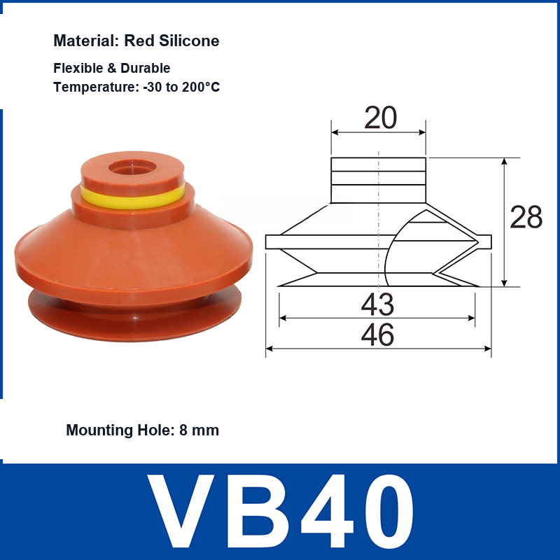 VB40 Red Silicone vacuum suction cup and technical dimensions