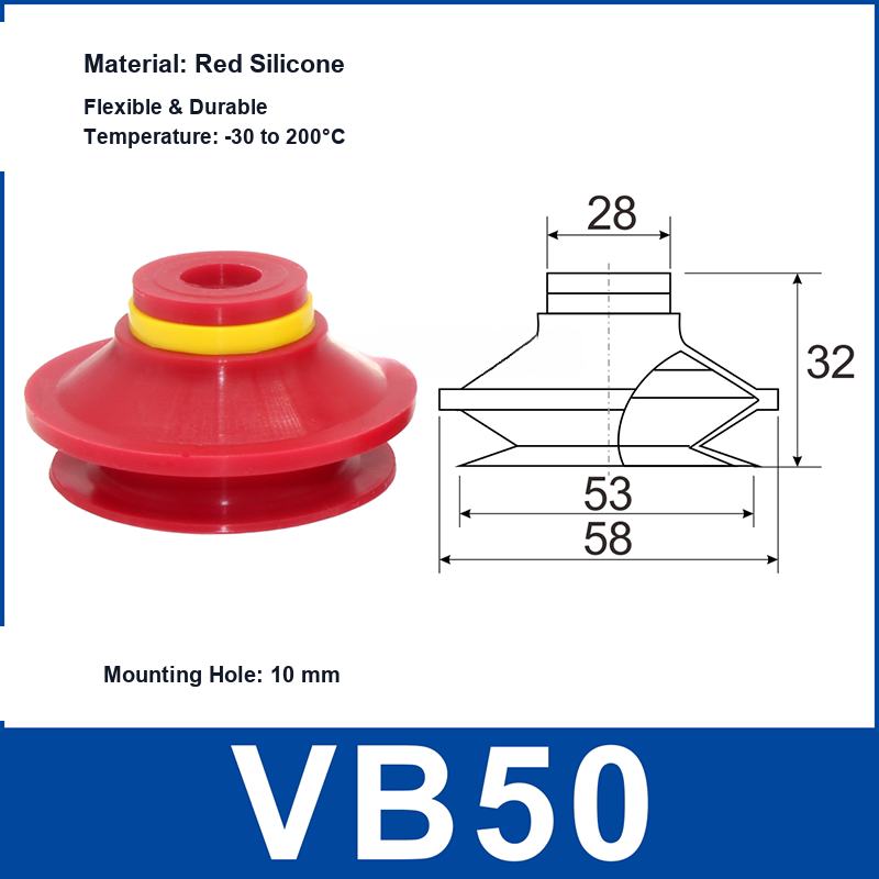 VB50 Red Silicone vacuum suction cup and technical dimensions