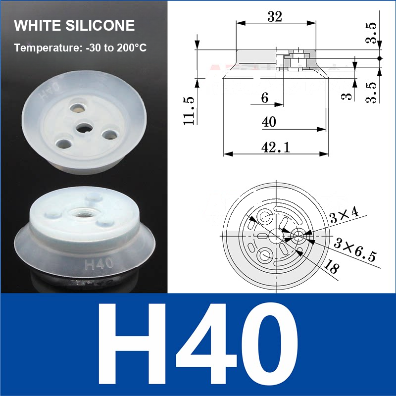 H40 White Silicone heavy-duty flat vacuum suction cup and technical dimensions