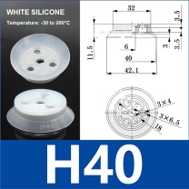 H40 White Silicone heavy-duty flat vacuum suction cup and technical dimensions
